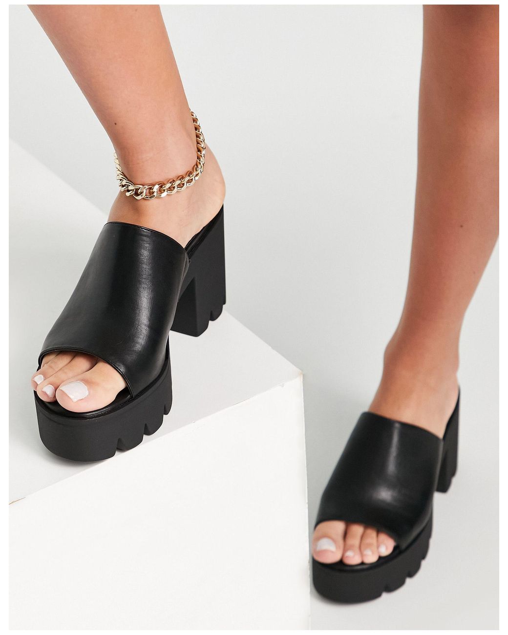 London Rebel Nineties Platform Casual Heeled Mules in Black | Lyst