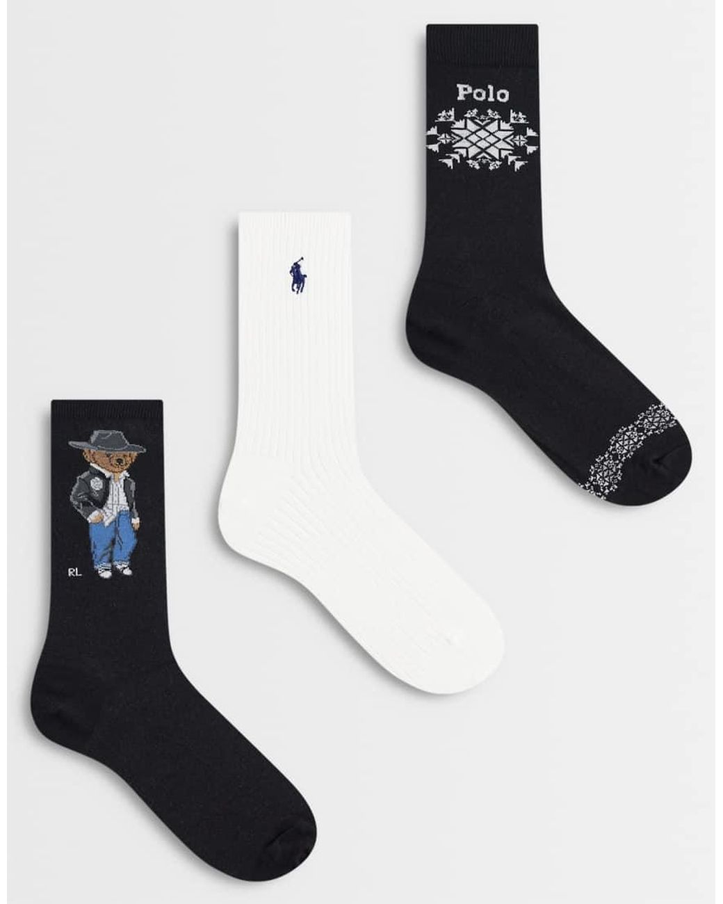 Polo Ralph Lauren White Holiday Bear Print 3 Pack Crew Socks