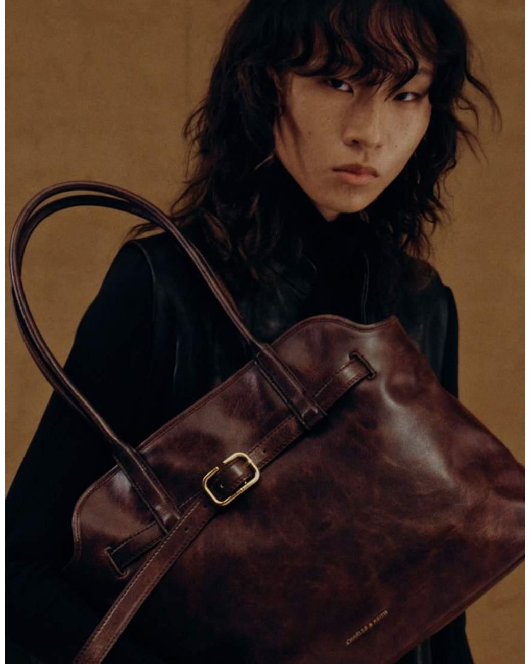Charles & Keith Brown Victoria Belted Trapeze Tote Bag