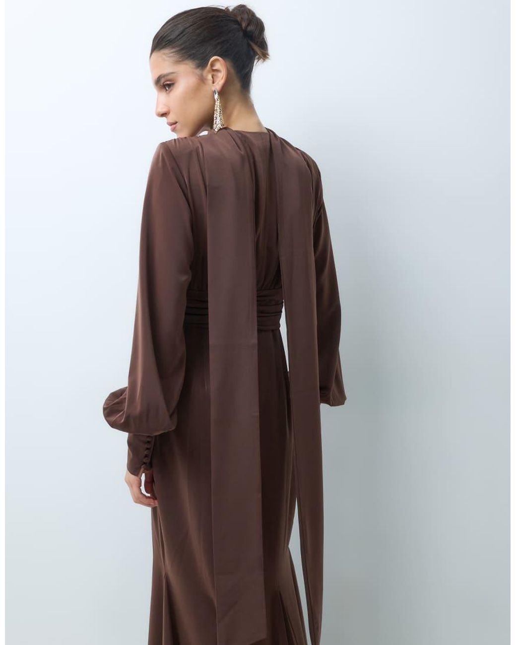Pretty Lavish Brown Satin Scarf Neck Blouson Sleeve Fishtail Maxi Dress