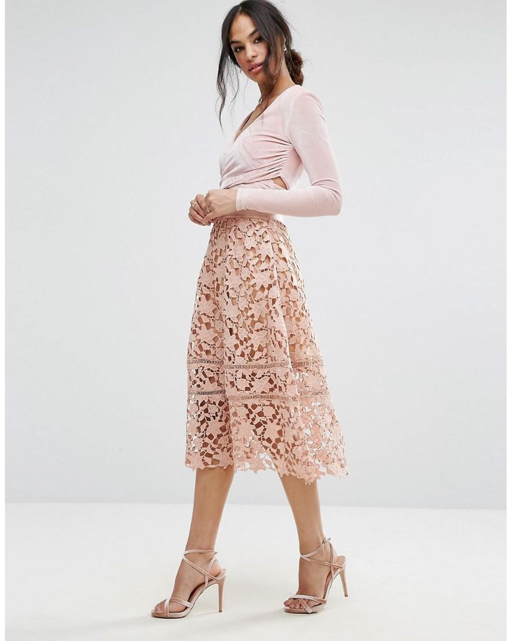 Missguided Premium Pink Crochet Lace Full Midi Skirt | Lyst