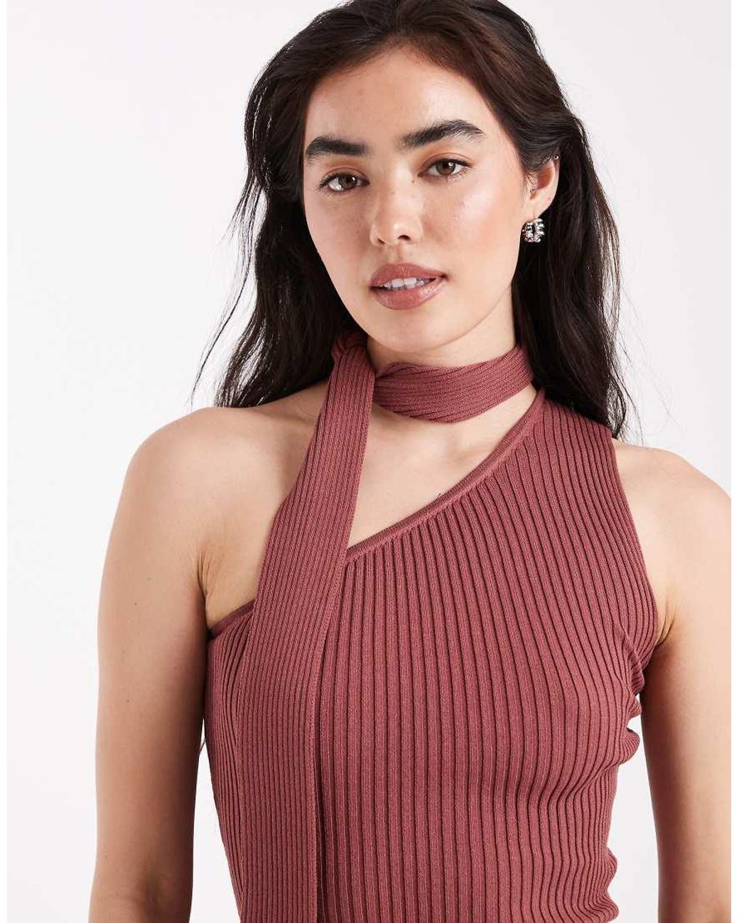 4th & Reckless Red Rib Knit Scarf Detail Asymmetric Top Co-Ord