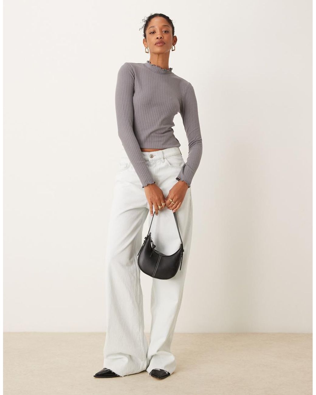 Jdy Gray High Neck Long Sleeve Top