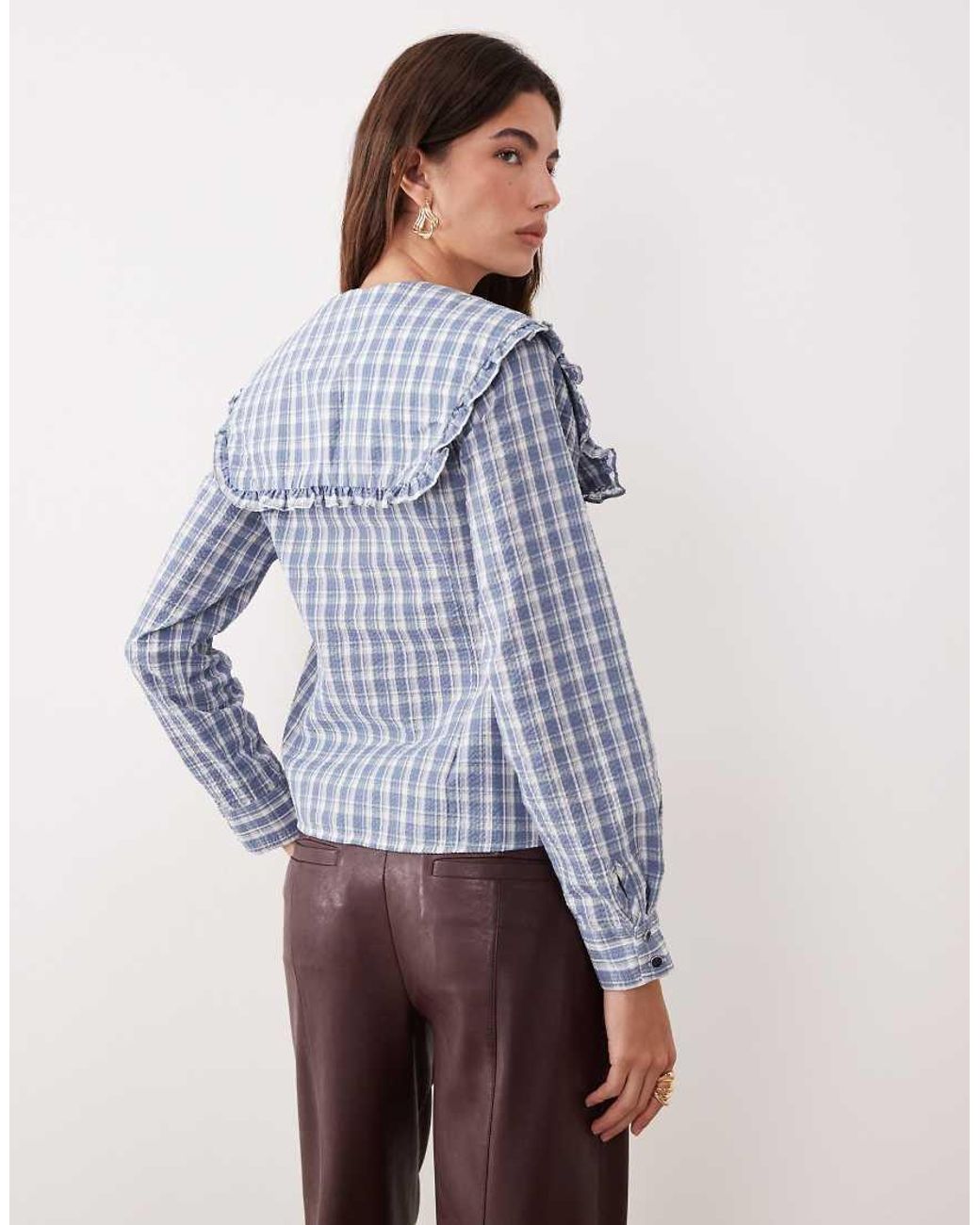 Ghospell Blue Cotton Rich Oversized Collar Blouse