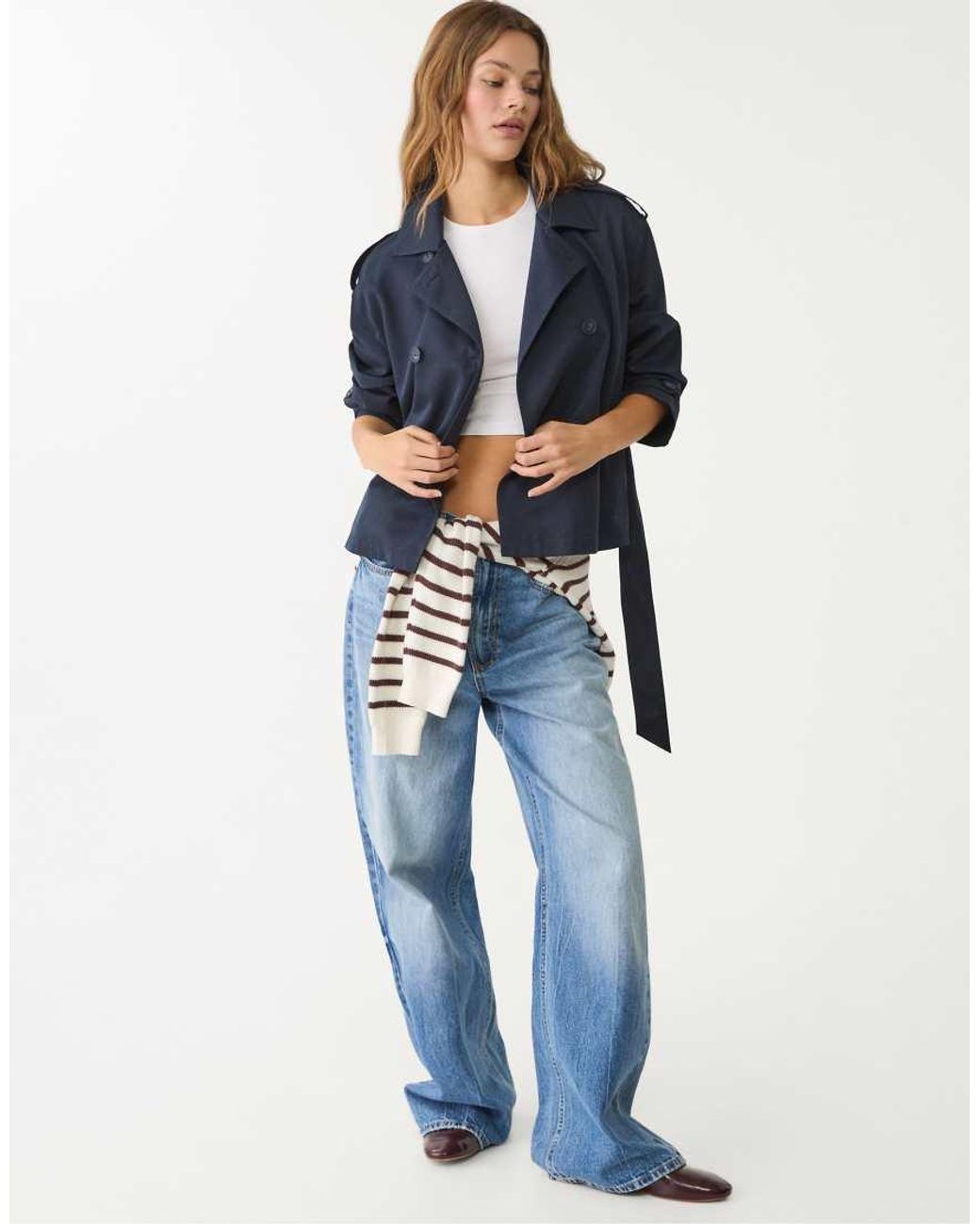 Stradivarius Blue Cropped Trench Coat With Belt