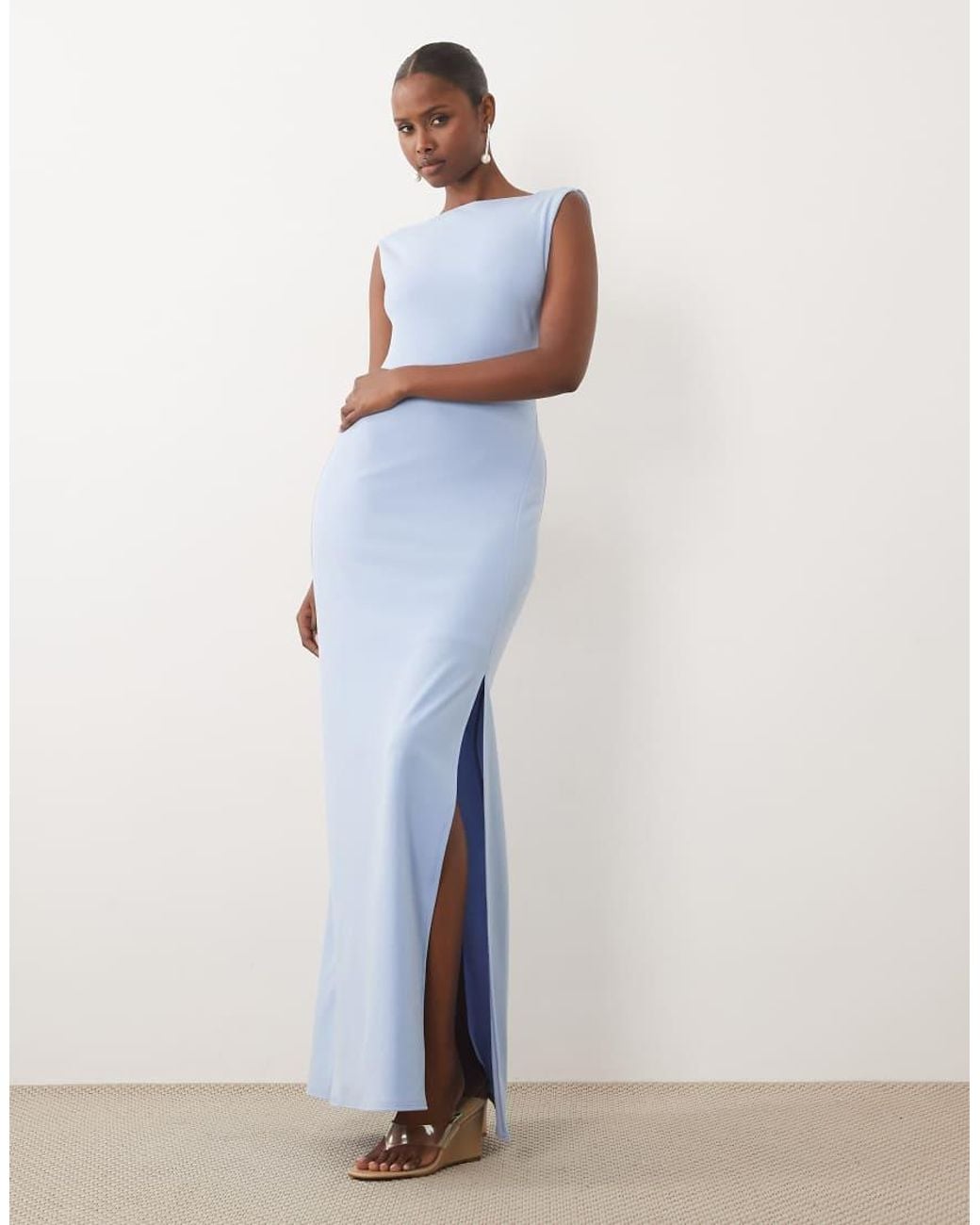 TFNC London Blue Crepe Slash Neck Backless Maxi Dress