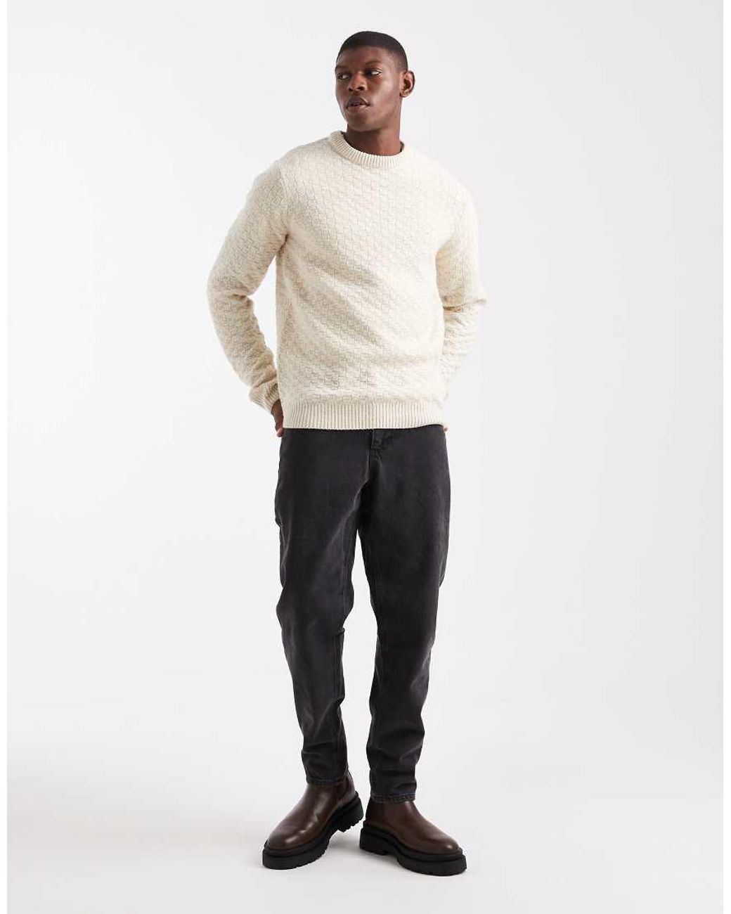 Threadbare Natural Crew Neck Textured Knitted Jumper for men