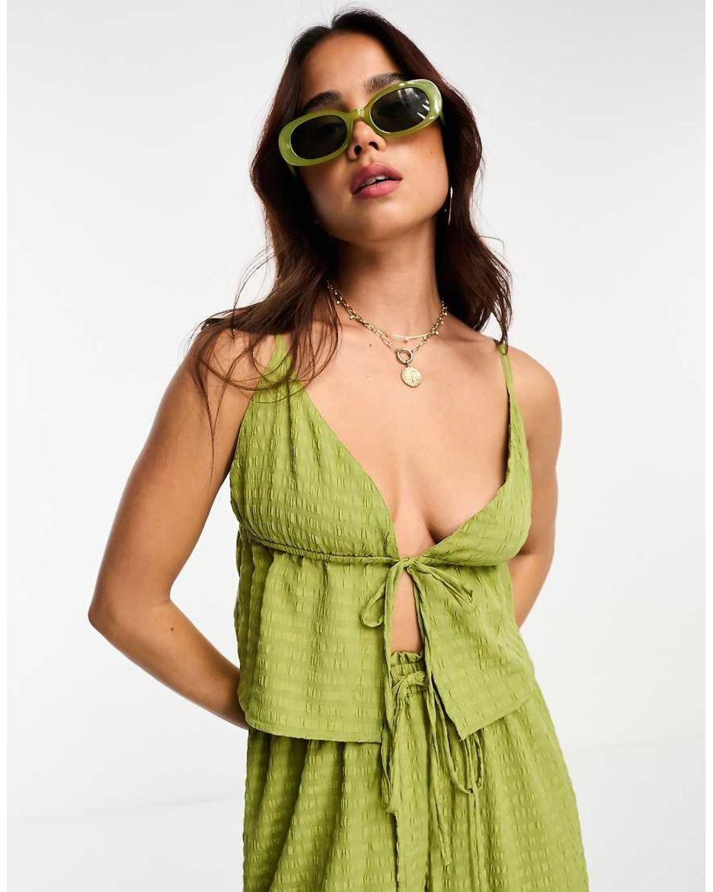 esmé studios Green Esmee Exclusive Beach Textured Tie Front Top Co-Ord