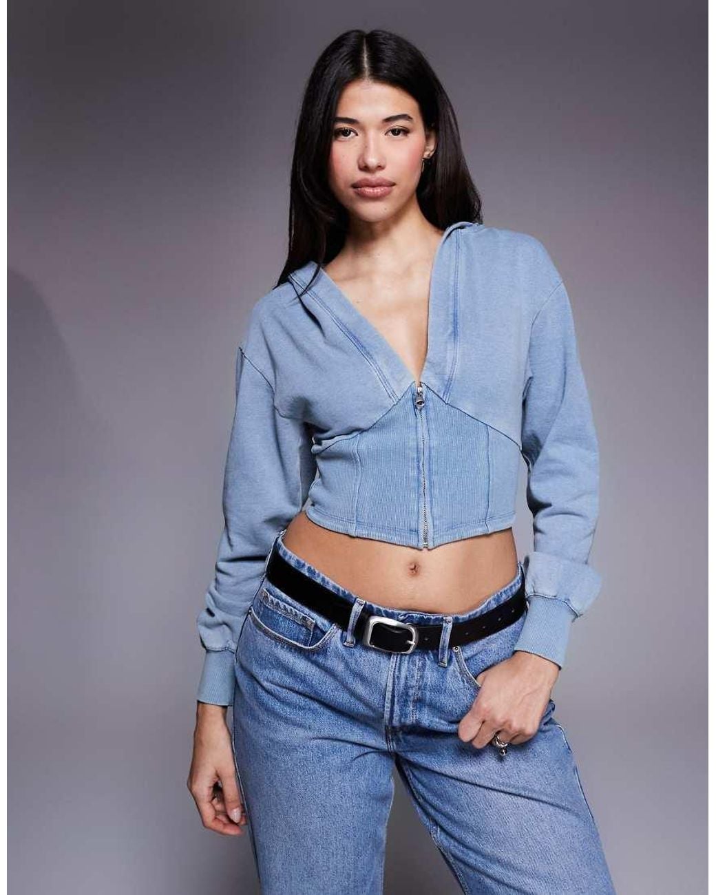 GOOD AMERICAN Blue Cropped Corset Detail Hoodie