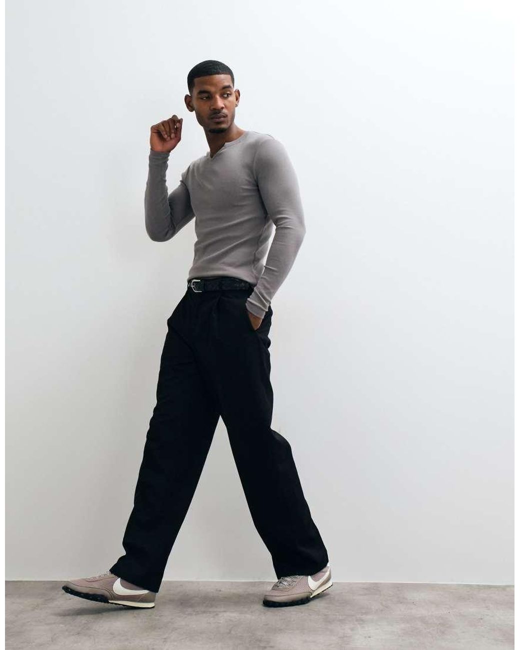 ASOS Gray Muscle Fit Long Sleeve T-shirt With Notch Neck for men