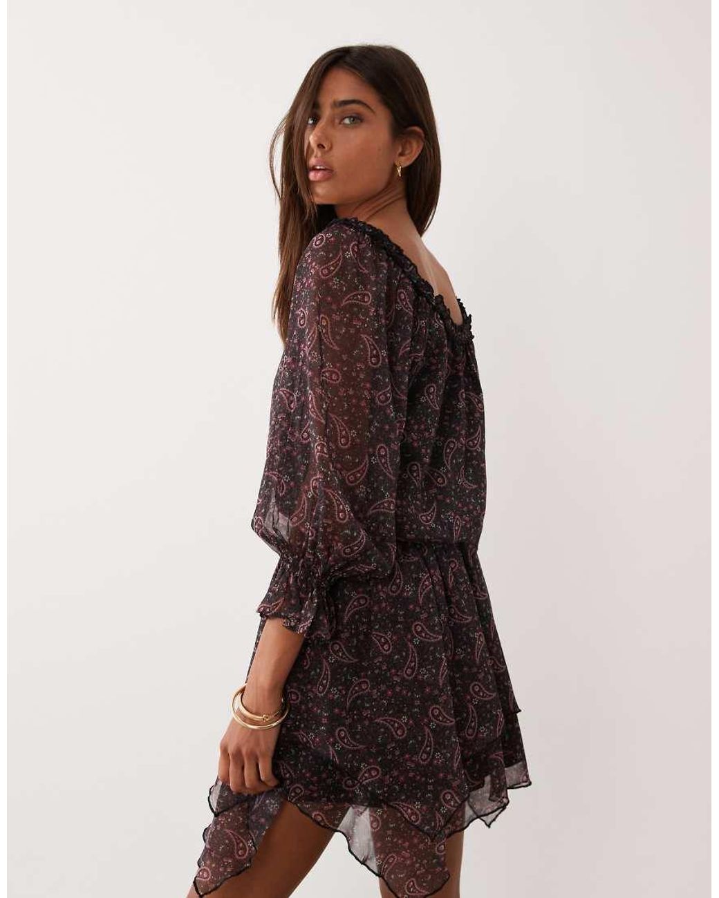 Miss Selfridge Brown Chiffon Bardot Mini Dress