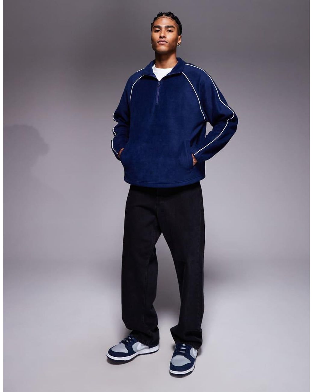 ASOS Blue Relaxed Funnel Neck Fleece Sweatshirt With Piping for men
