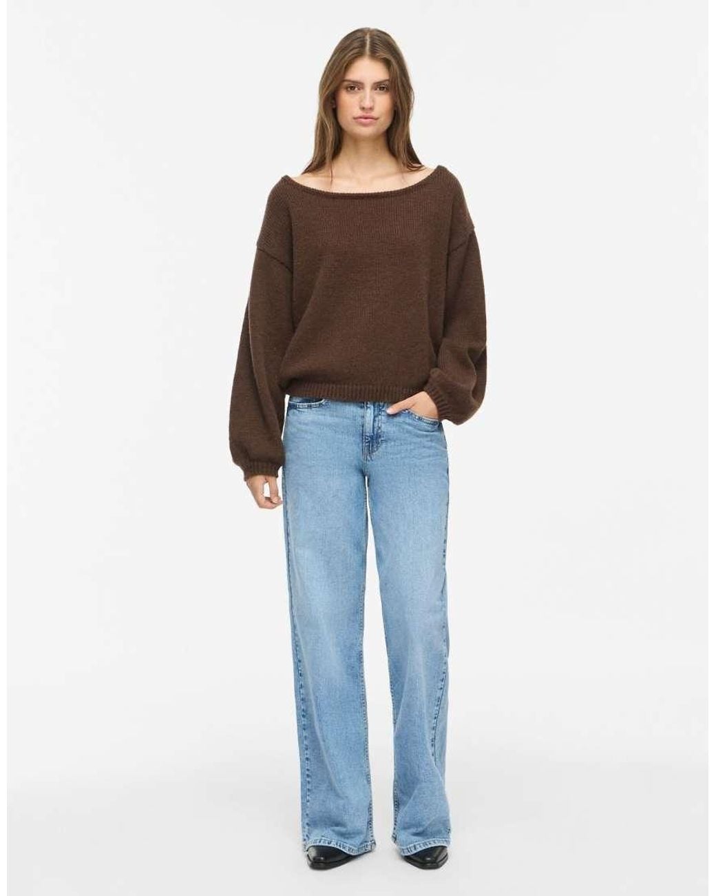 Noisy May Brown Bellis Ribbed Boat Neck Top