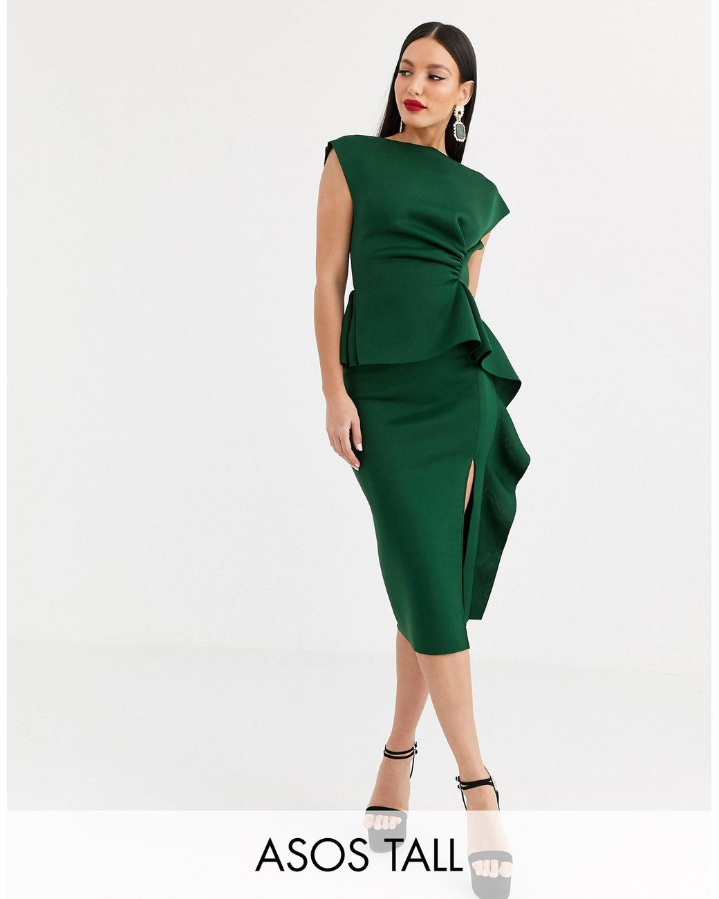 ASOS Asos Design Tall Peplum Pencil Midi Dress With Tuck Detail in Green Lyst UK