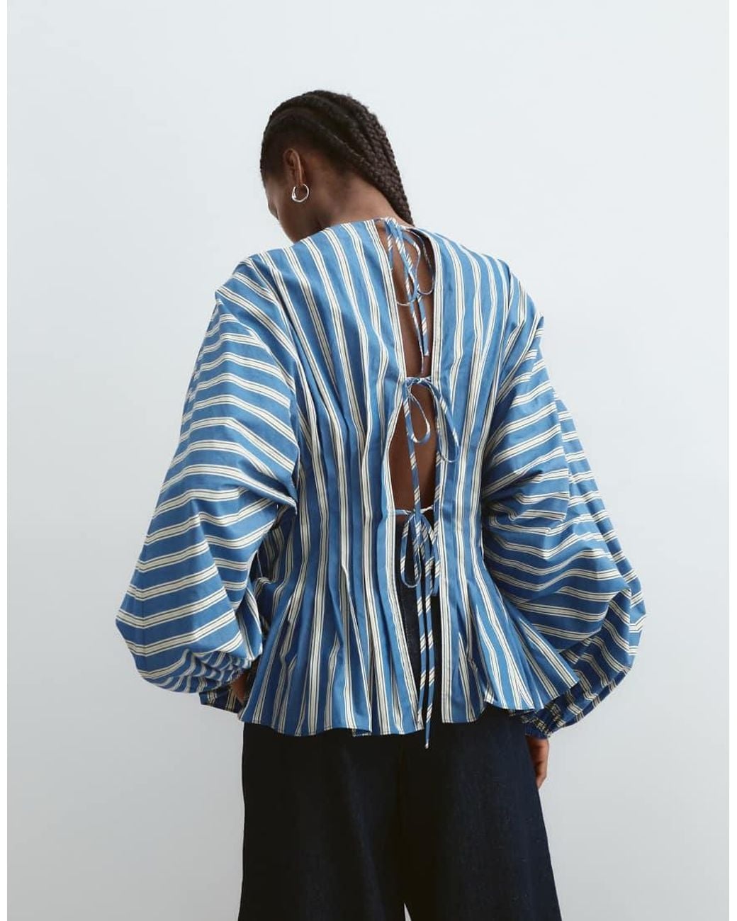 ARRANGE Blue Volume Sleeve Pleated Cinched Waist Top