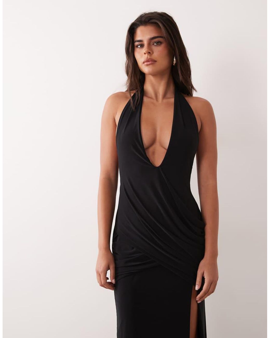 Missy Empire Black Slinky Halter Plunge Neck Maxi Dress With Side Split