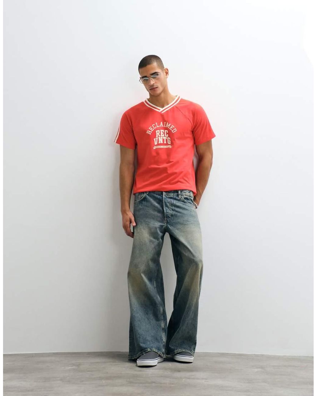 Reclaimed Vintage Red V Neck Collegiate Graphic T-shirt for men