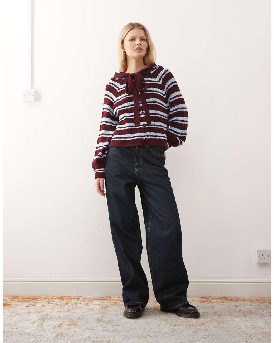 Collusion Red Stripe Cardi With Hood Scarf Detail