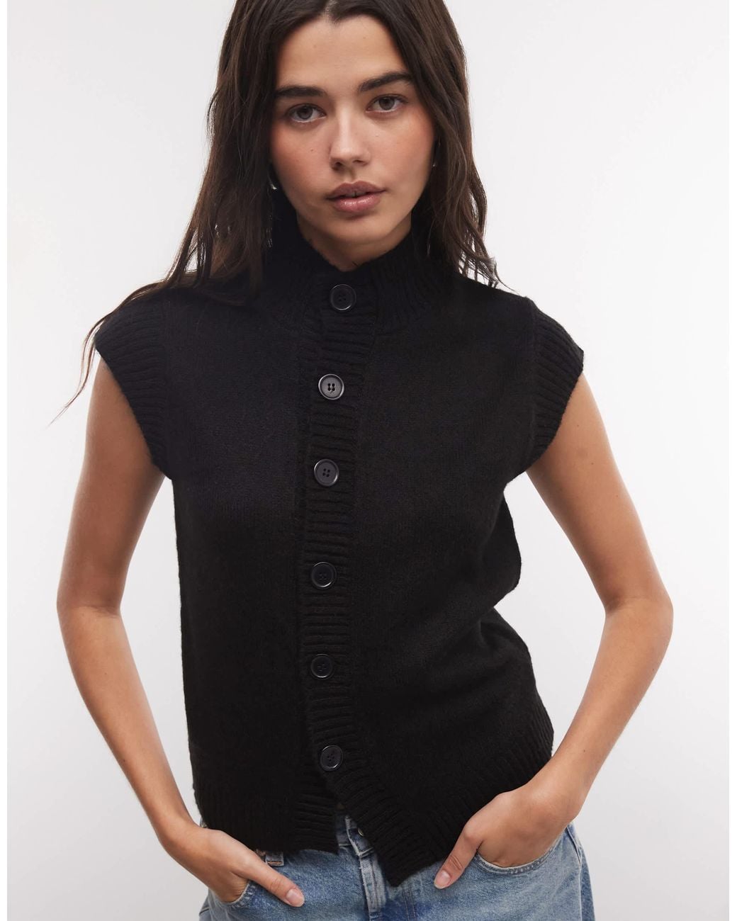 Collusion Blue Funnel Neck Button Knitted Top