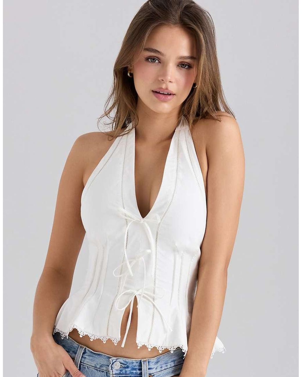 House Of Cb White Elana Stretch Cotton Halter Neck Corset Top