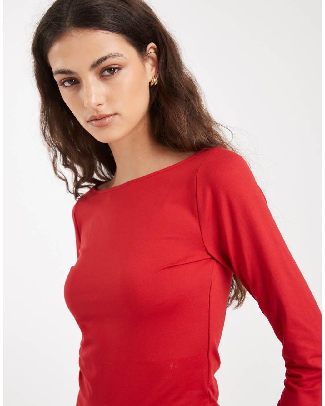 Hollister Red Long Sleeve Slash Neck Seamless Top