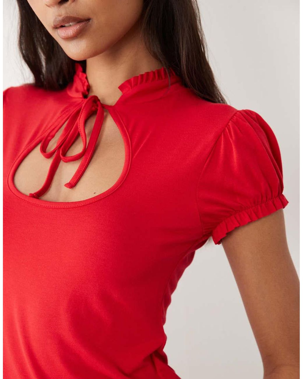 Miss Selfridge Red Cap Sleeve Keyhole Top