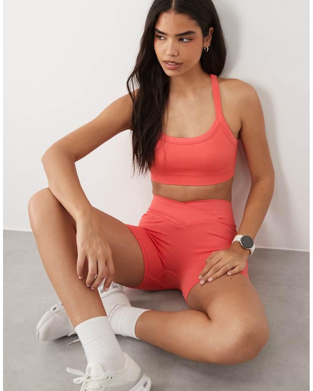 4505 Red Seamless Baby Rib Racer Back Sports Bra With Adjustable Straps