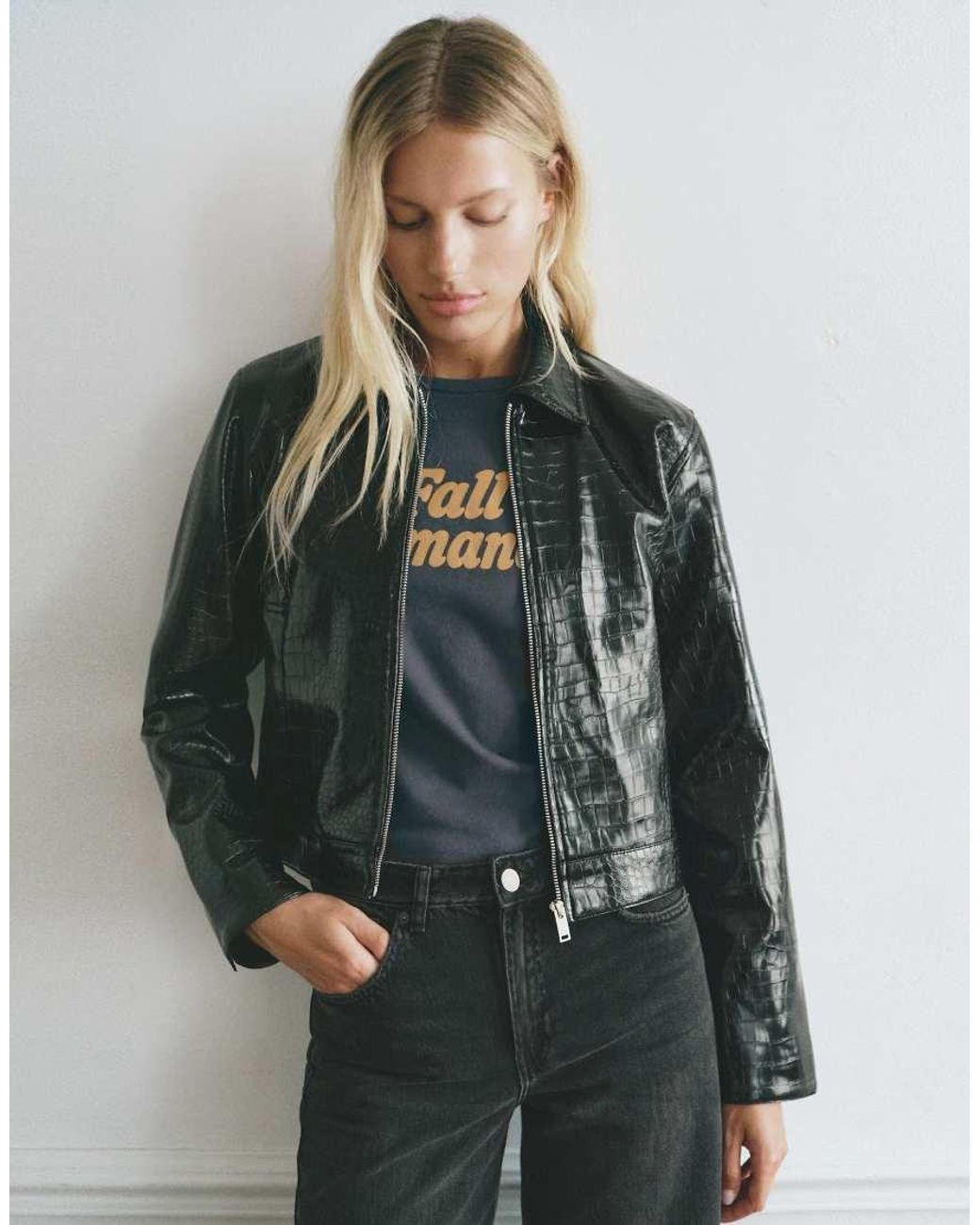Pull&Bear Gray Crocodile-effect Leather Effect Jacket