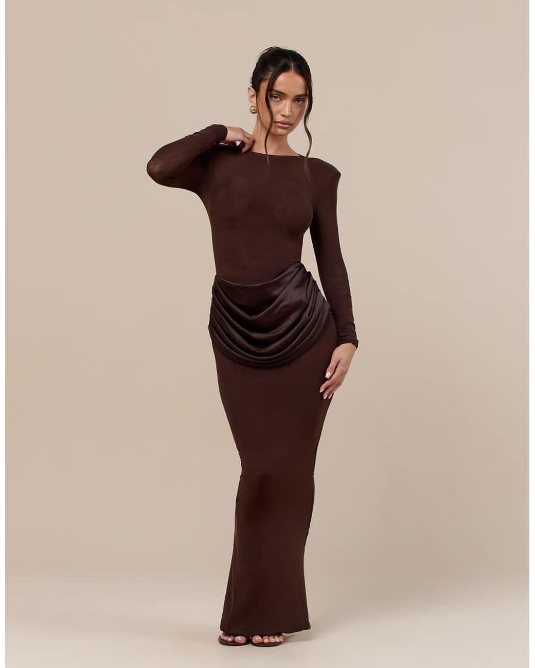 Wanderdoll Natural Eman Sculpted Slash Neck Satin Drape Waist Detail Bodycon Maxi Dress