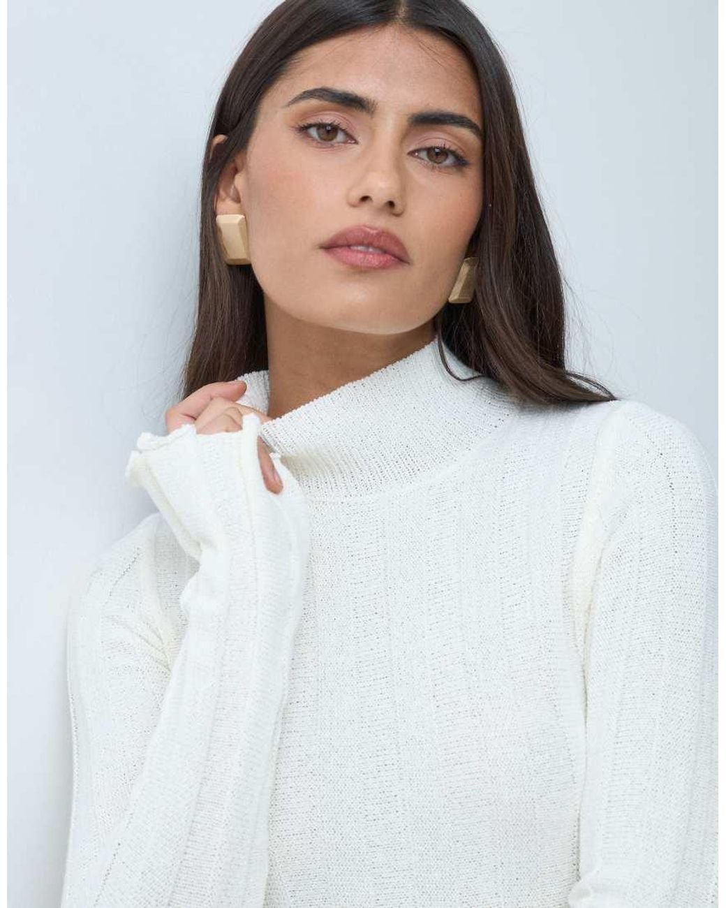 Aria Cove White Knitted High Neck Wide Rib Pleat Hem Mini Dress
