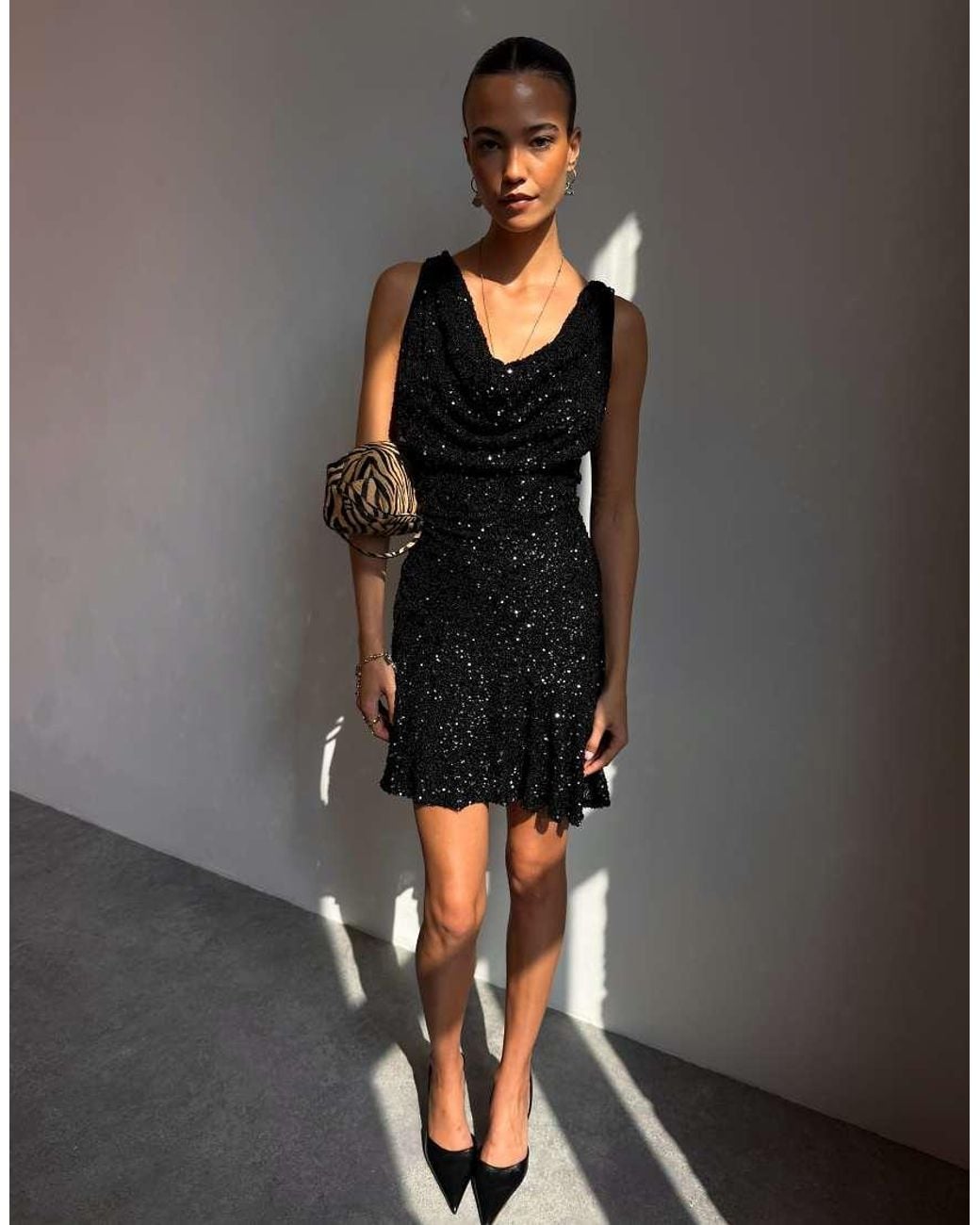 Never Fully Dressed Gray Sophie Sequin Plunge Cowl Neck Scarf Detail Mini Dress