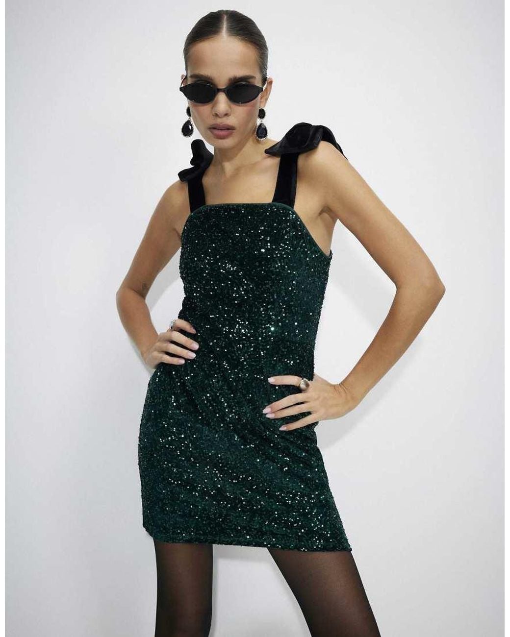 River Island Green Velvet Sequin Bow Strap Mini Dress