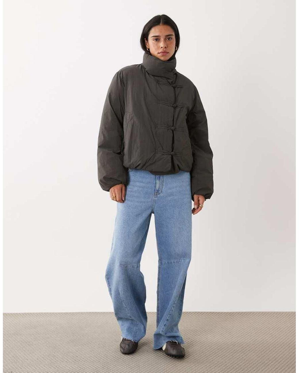Mango Black Puffer Jacket With Mandarin Buttons