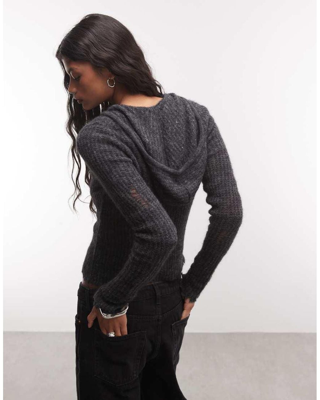 AllSaints Black Allsains Mabel Distressed Knitted Zip Through Hoodie