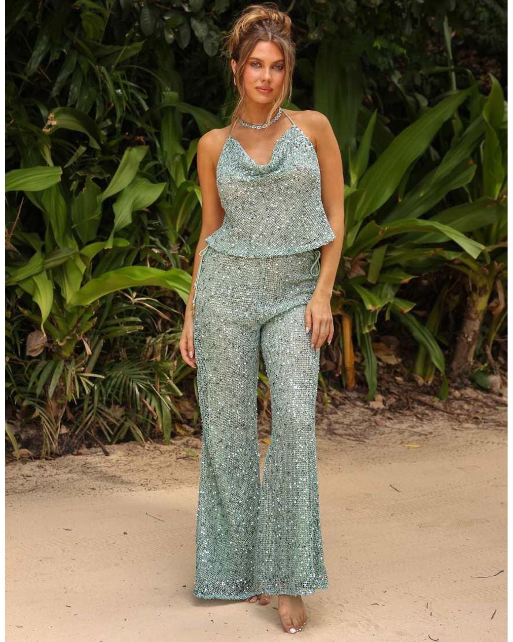 Kulani Kinis Green Sea Spritz Crochet Sequin Halterneck Top
