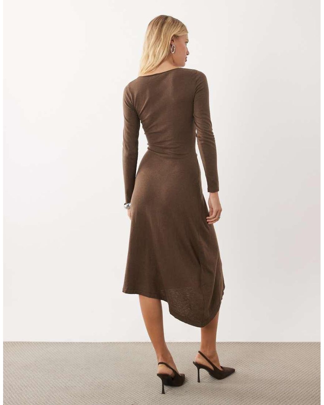 Mango Brown Boat Neck Long Sleeve Midi Dress With Tie Waist