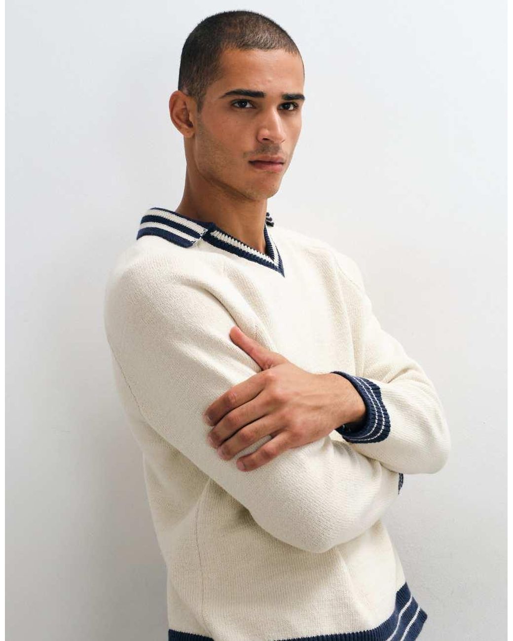 ASOS White Oversized Knitted V Neck Ringer for men