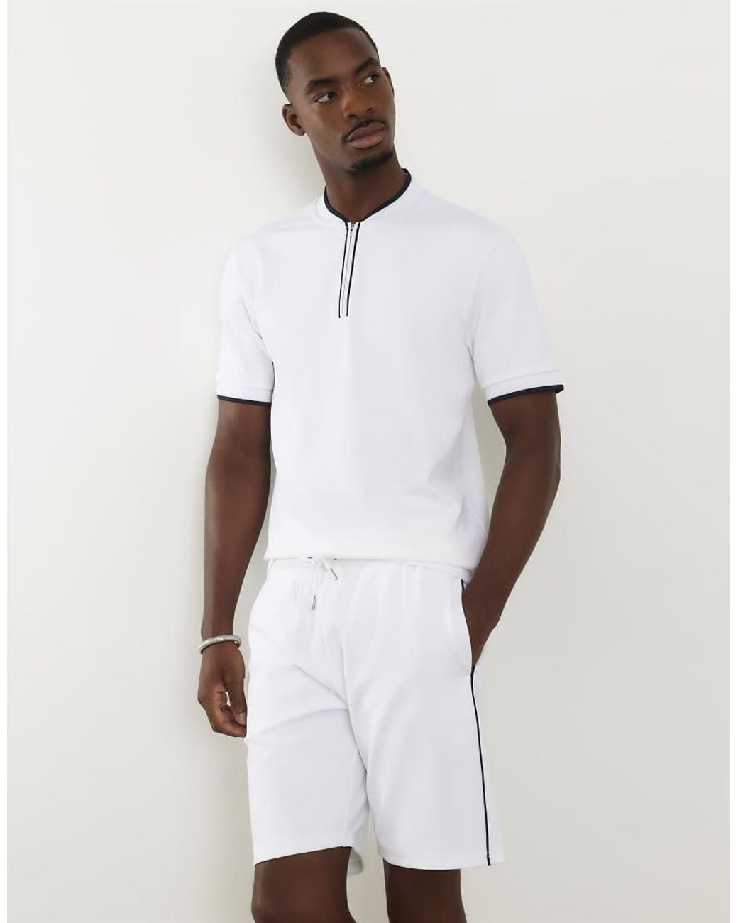 River Island White Slim Fit Tipped Baseball Polo Shirt for men