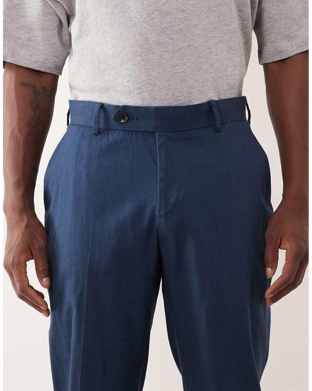 ASOS Blue 100% Cotton Linen Look Slim Suit Pants for men