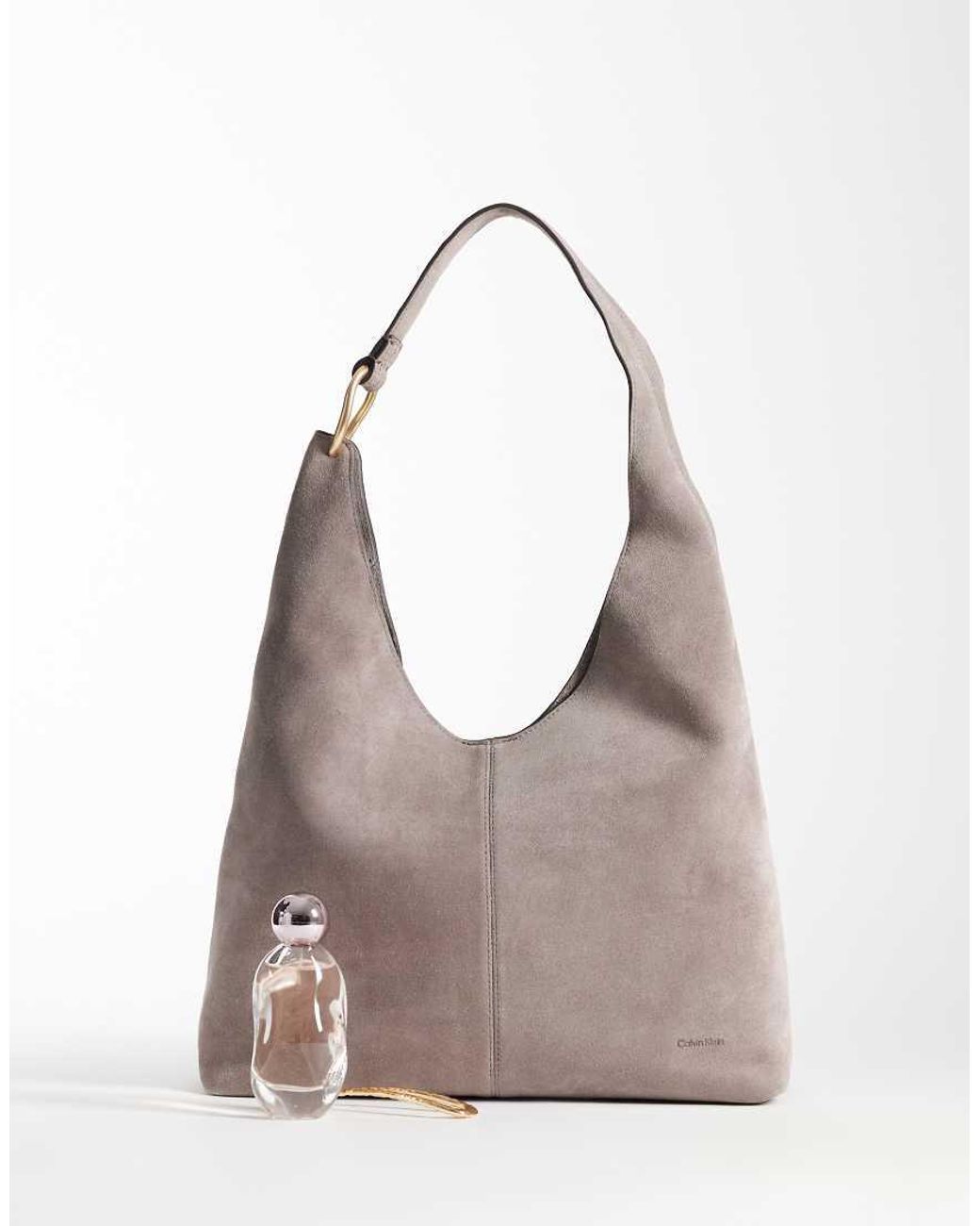 Calvin Klein Gray Suede Large Shoulder Bag With Gold Hardware Detail