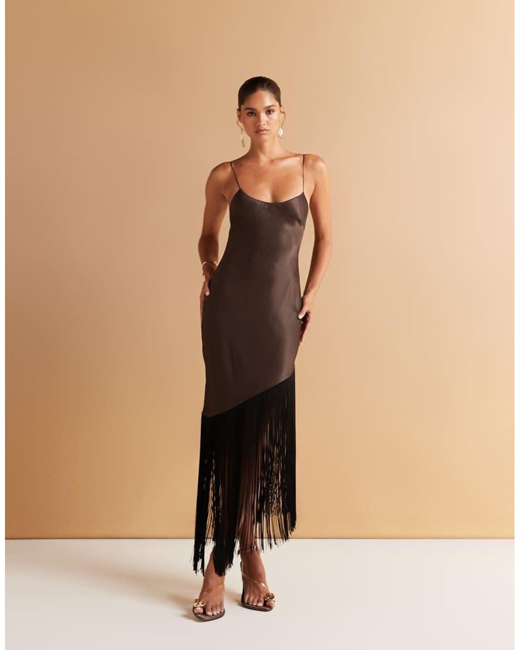 mango scoop neck satin dress with fringed hem in brown Satin dress with fringed bandana