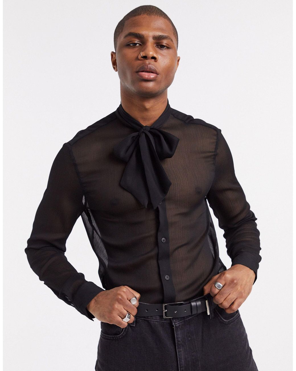 Camicia nera trasparente con fiocco morbido vestibilita classica da Uomo di ASOS in Nero Lyst