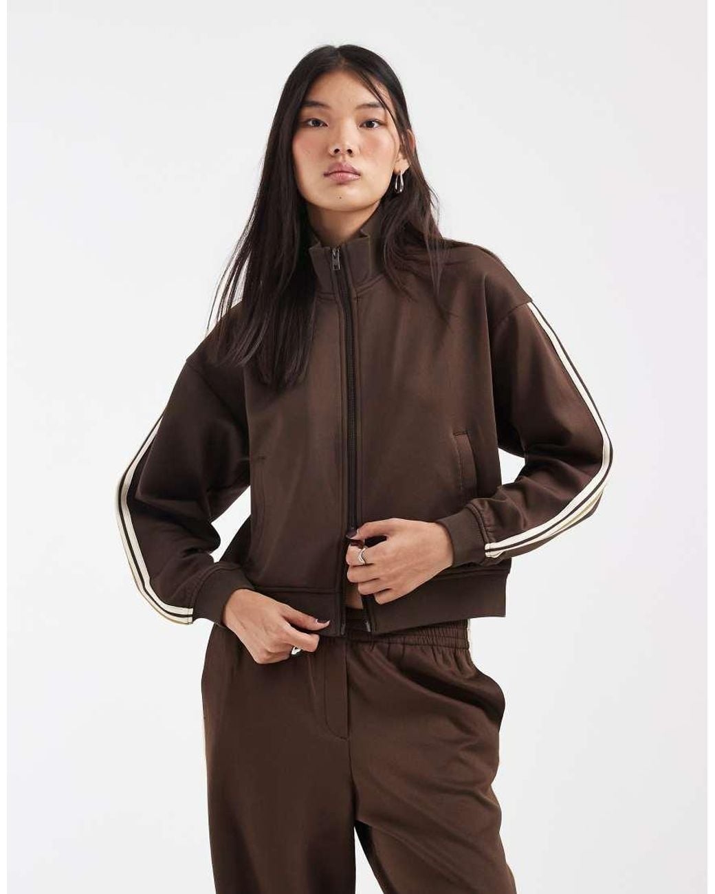 JJXX Brown Zip Up Jacket With Striped Detail