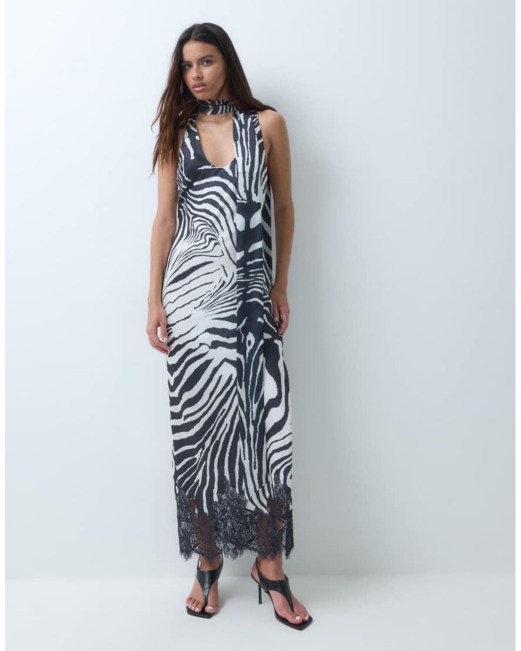 ASOS Blue Satin Scoop Neck Column Maxi Dress With Lace Hem And Scarf