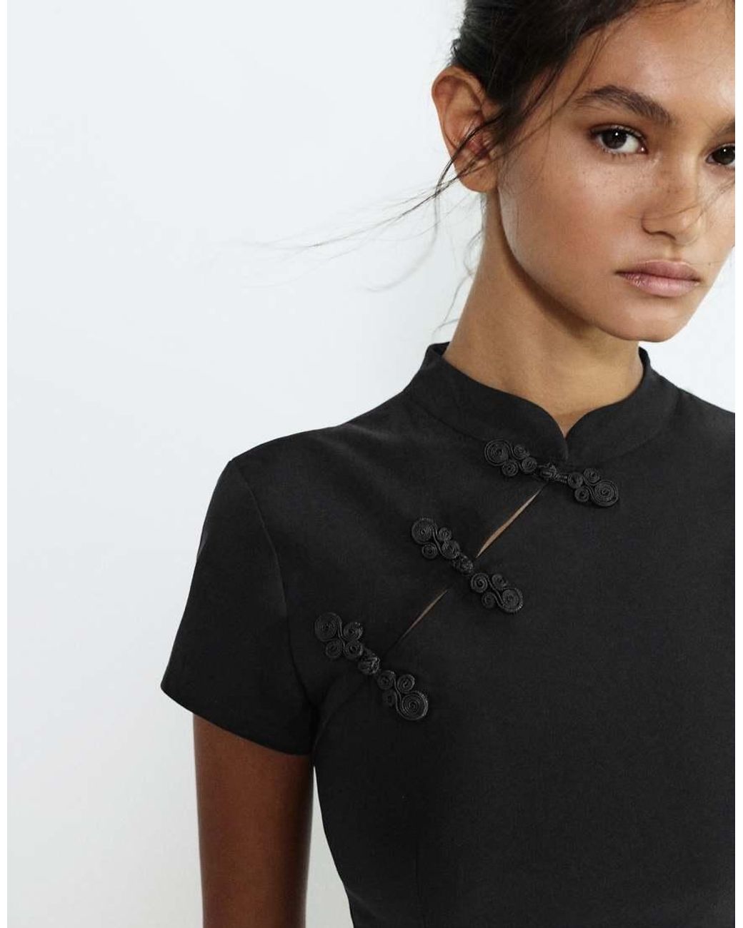 Pull&Bear Black Short Knotted Button Dress