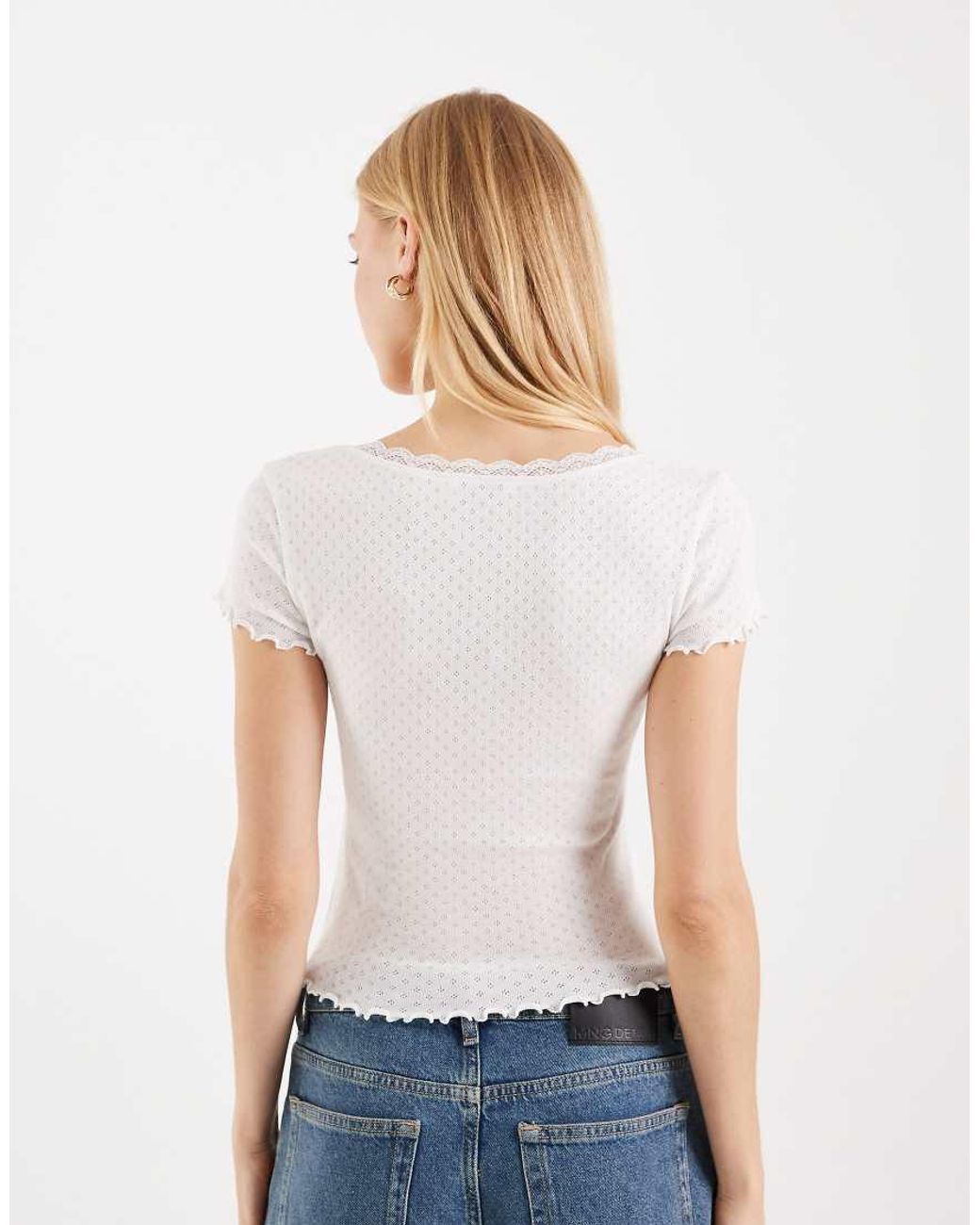 Miss Selfridge White Pointelle Square Neck Lace Trim Tee