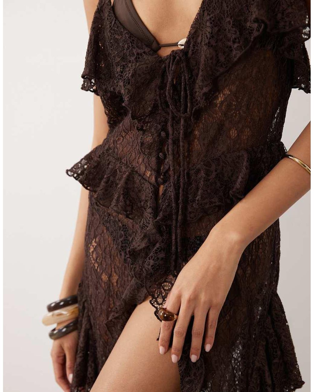 Miss Selfridge Green Beach Lace Cami Tie Detail Maxi