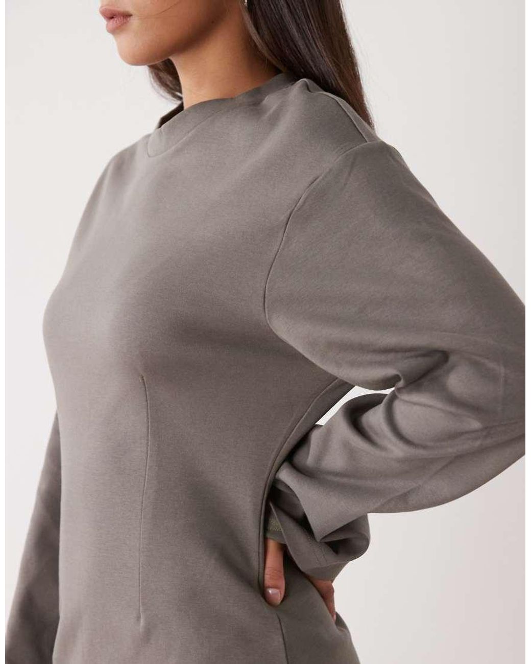 Monki Natural Cinched Waist Long Sleeve Mini Dress