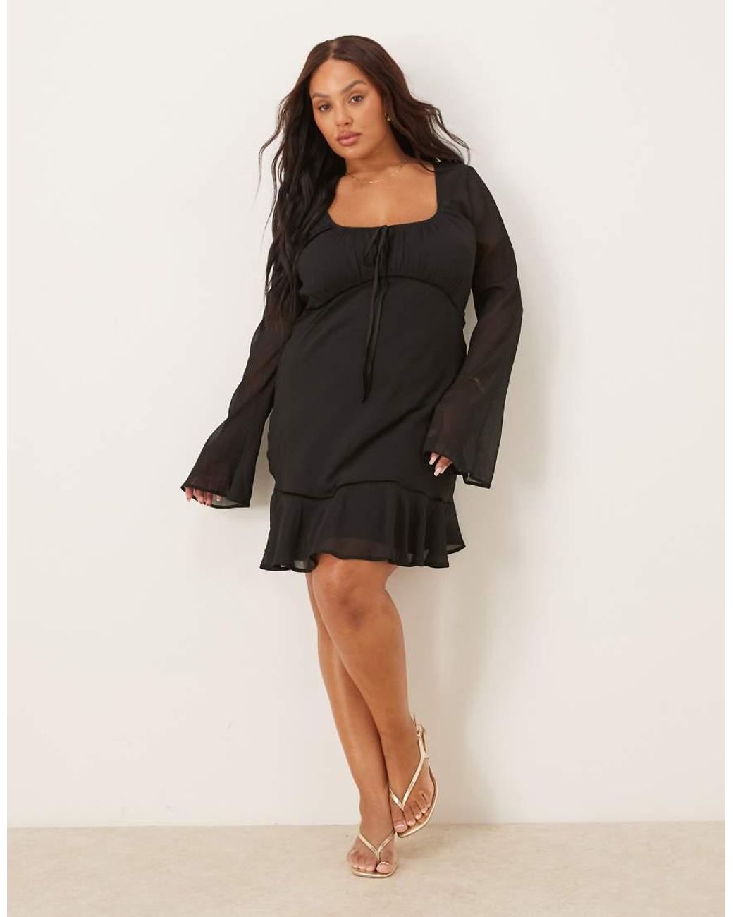 ASOS Black Asos Design Curve Ruched Bust Scoop Long Sleeve Mini Dress