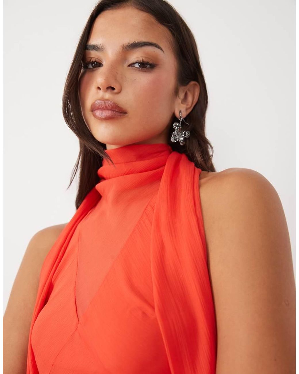 ASOS Red Volume Halter Maxi Dress With Scarf